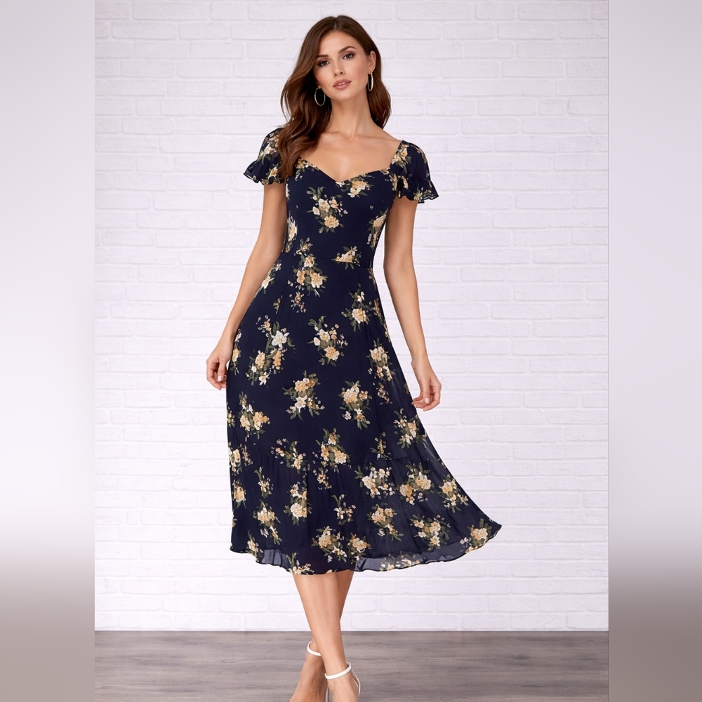 Reformation Midi Dress Navy Blue Small Floral 4 6 Small Spring Summer Flutter S - Picture 3 of 15
